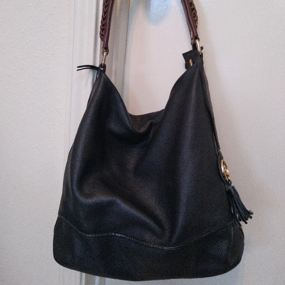 Varriale Italian black leather shoulder bag with braided brown strap